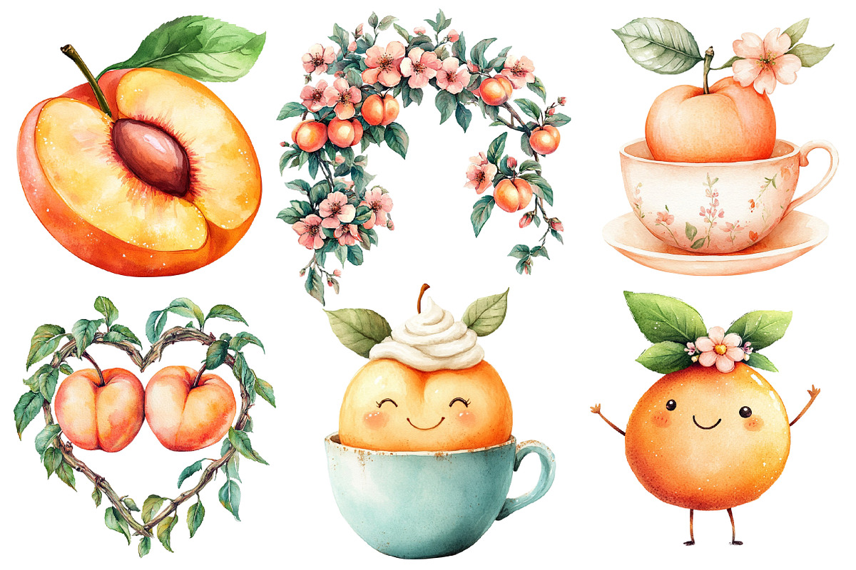 Watercolor Cute Peaches Garden Fruit, an Illustration by Designworld (Photo 2 of 7)