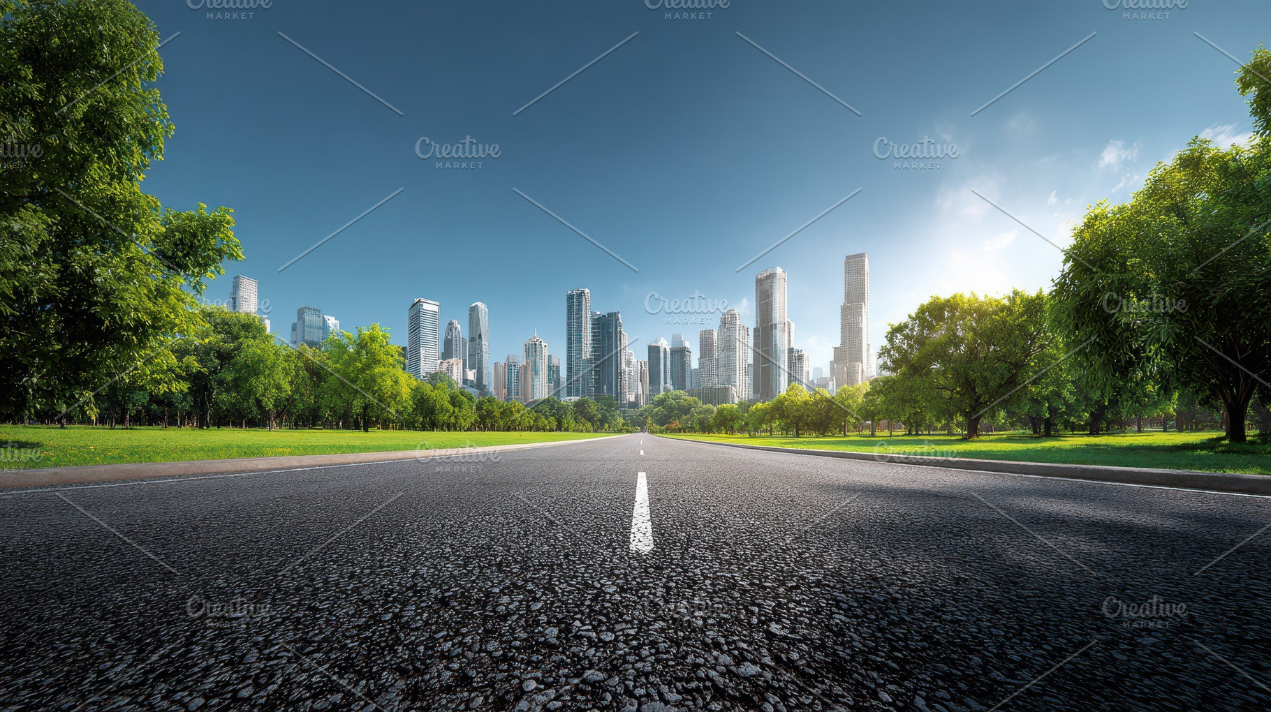 an asphalt road leads into a skyline, a Photo by Pavel_design