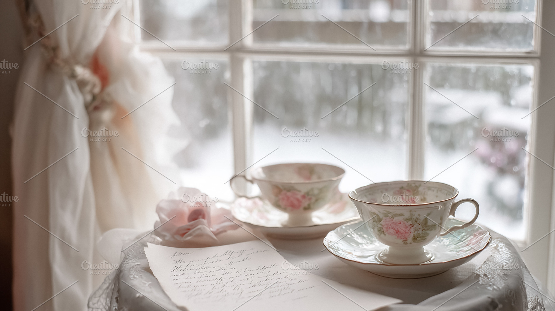 Elegant porcelain tea cups and a personal letter creating a cozy, a Photo by Studio ANNA