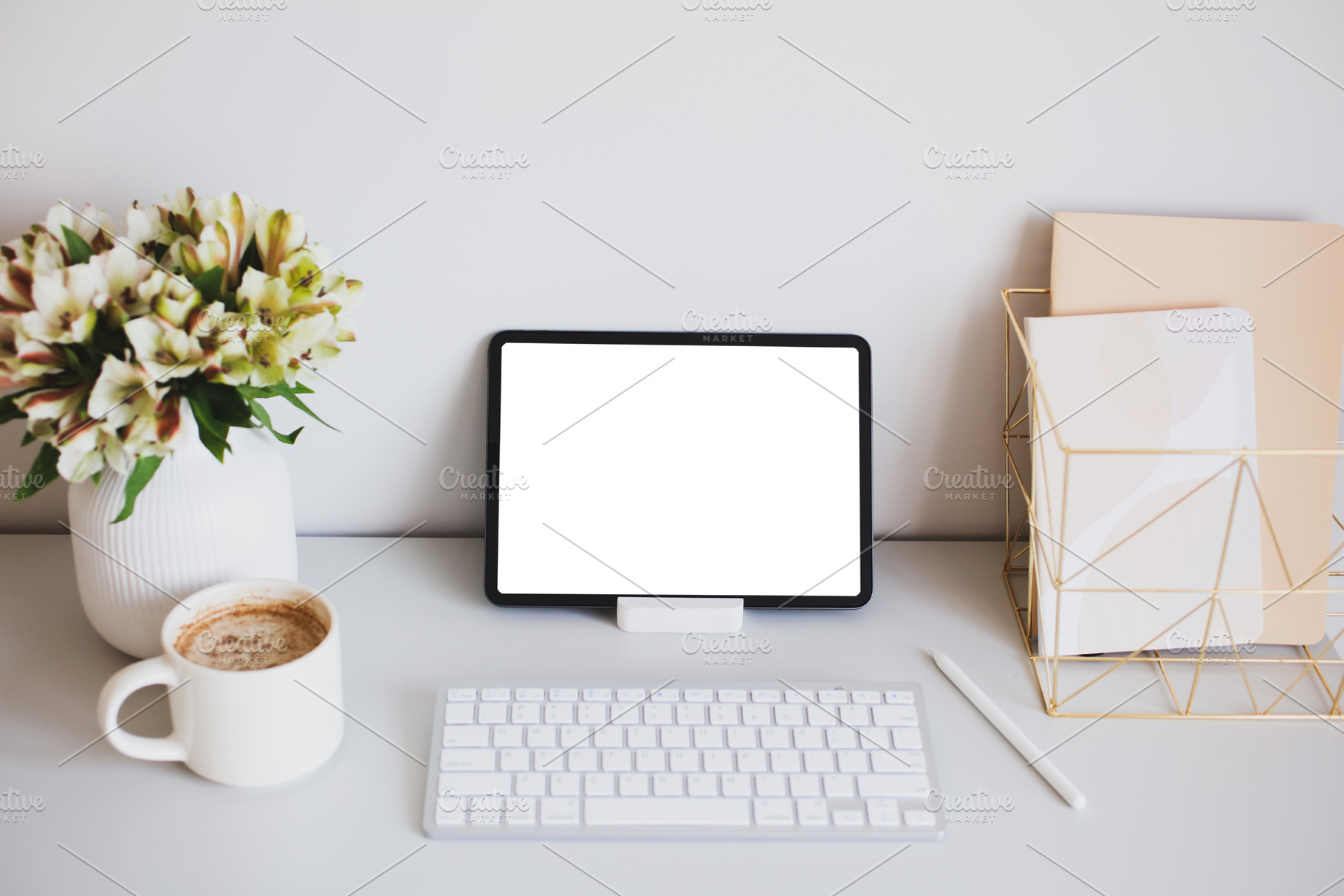 Digital tablet mockup with pen, keyboard, cup of coffee, paper notebooks, flowe, a Business Photo by photoguns