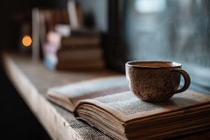 Coffee Cup and Book on Wooden Shelf, a Wallpaper Photo by Virgo Studio