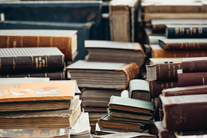 Vintage books market stock photo containing library and sale