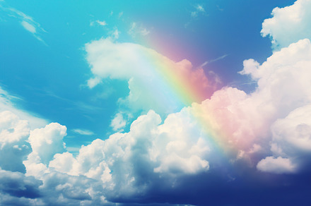 Beautiful sky with colorful rainbow and white clouds. Generative AI, a Nature Photo by AlyaAnd