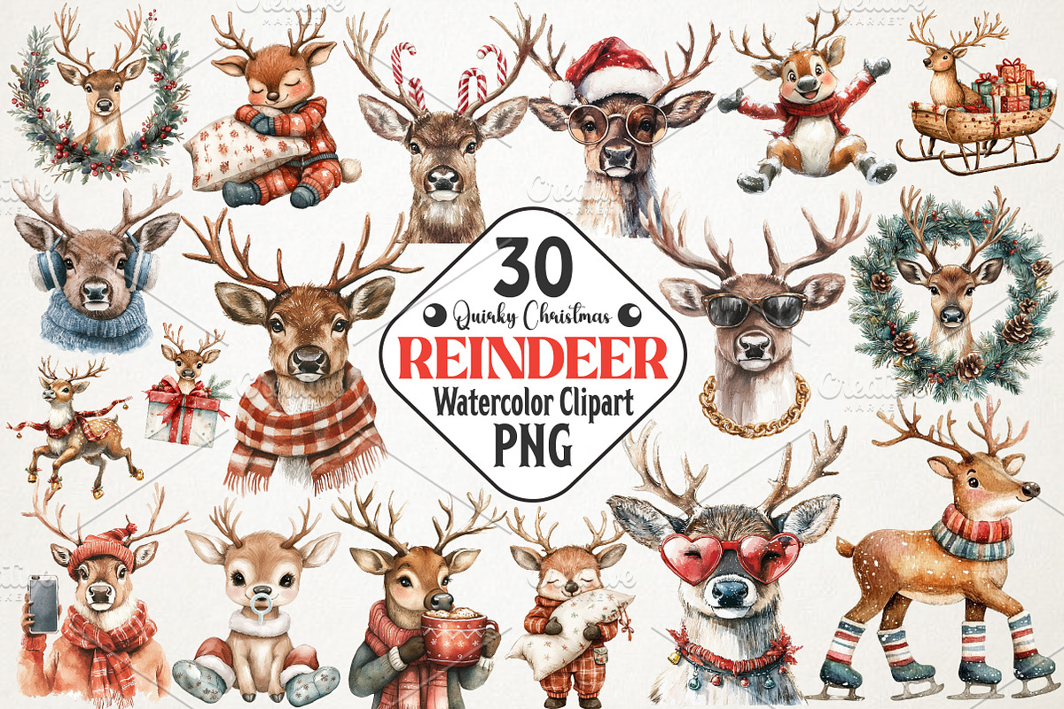 Quirky Christmas Reindeer Clip Arts, an Illustration by RobertsArt (Photo 1 of 7)