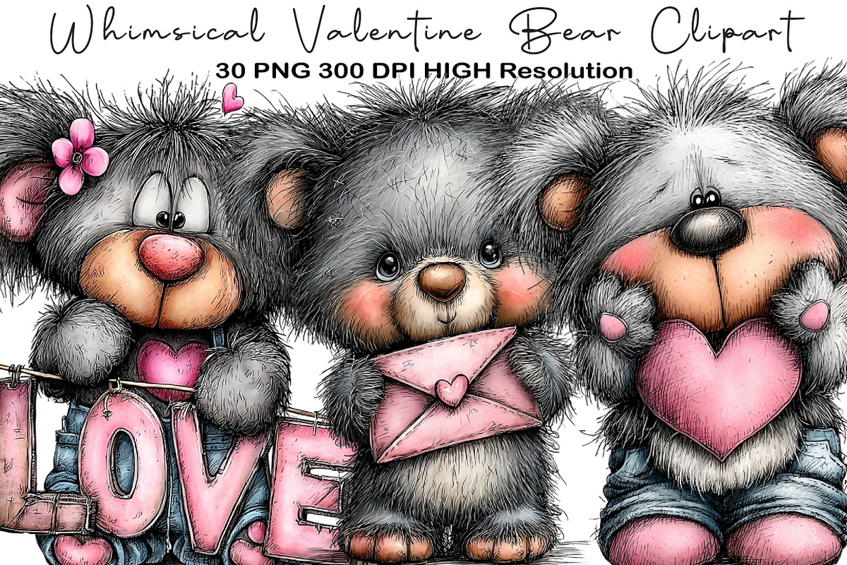 Whimsical Valentine Bear Clipart, an Illustration by Black Bird Studio (Photo 1 of 6)