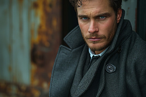 A handsome Caucasian man with curly hair and blue eyes poses in a stylish grey, a Person Photo by ImageMir