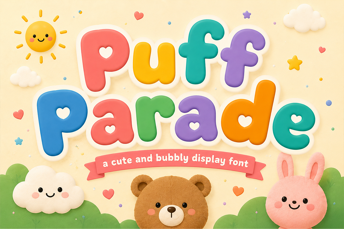 Puff Parade - Modern Kids Font, a Handwritten Font by overlaytemplates (Photo 1 of 5)