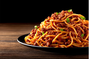 On a gray ceramic plate, a hot pasta, a Food & Drink Photo by ZinetroN