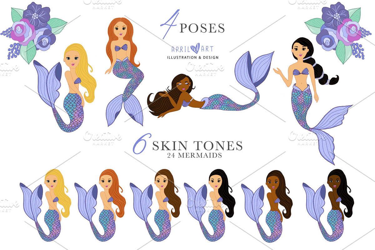 Cute Little Mermaid Clipart, an Illustration by Oh Darling Graphics (Photo 2 of 3)
