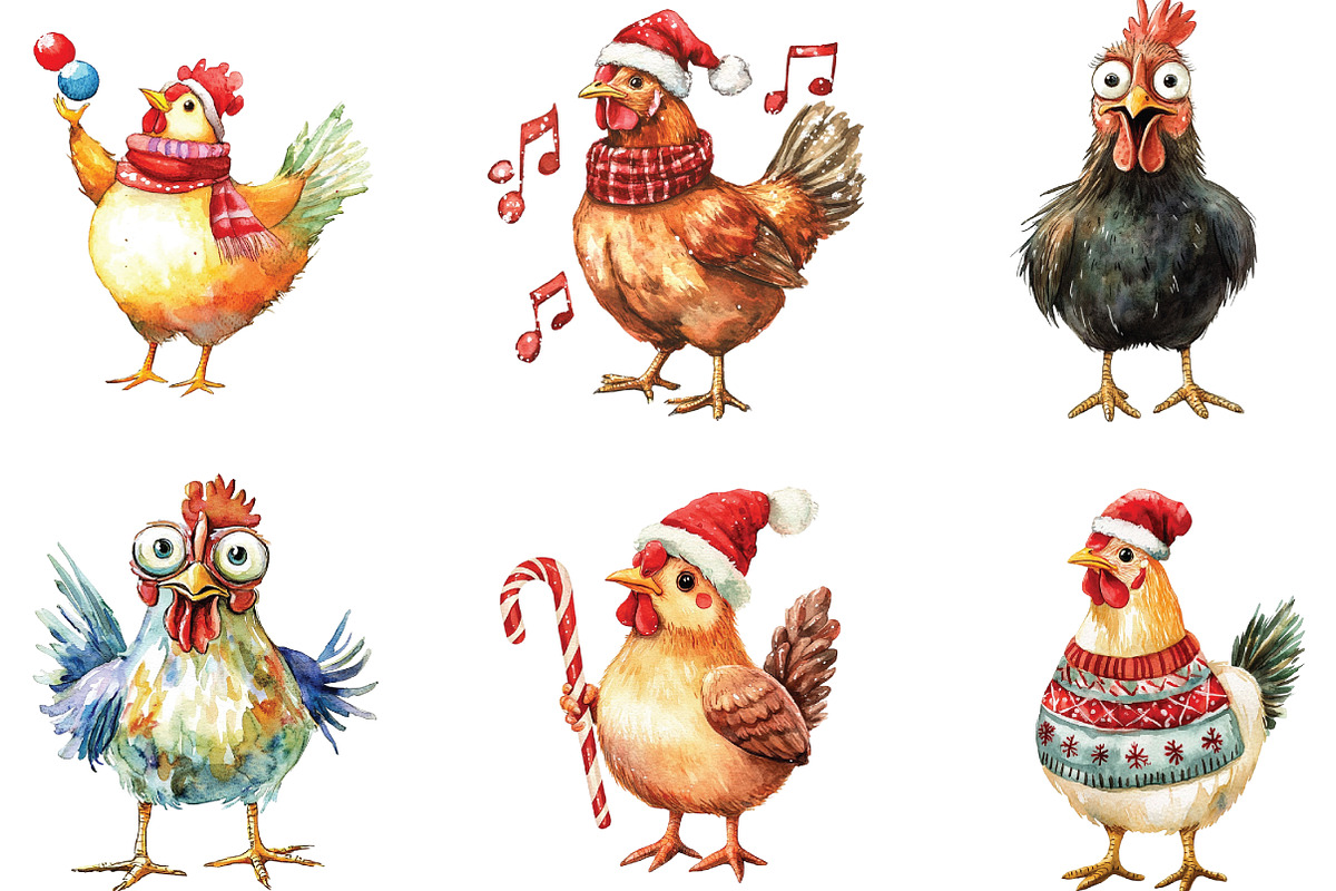 Funny Christmas Chicken Clipart, an Illustration by CraftArtStudio (Photo 2 of 6)