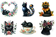 Watercolor Floral Black Cat Clipart, an Illustration by DreamArtGraphic (Thumbnail 2 of 5)