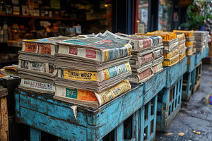 Stacks of old newspapers displayed o, a Photo by Tanuart