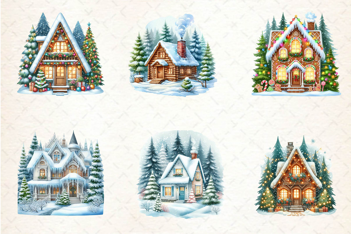 Watercolor Christmas Houses and Tree, an Illustration by CreationArt (Photo 4 of 5)