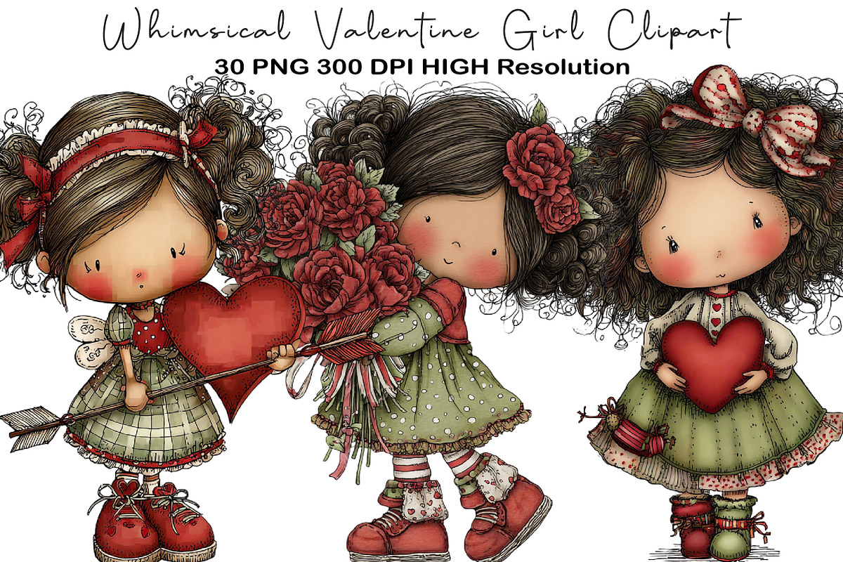 Whimsical Valentine Girl Clipart, an Illustration by Black Bird Studio (Photo 1 of 6)