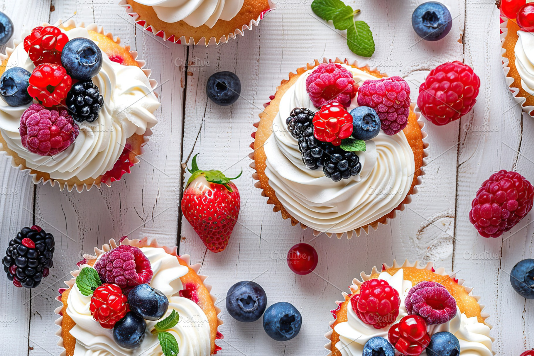 Flat lay of tasty cupcakes with butter cream and ripe berries on wooden table, a Food & Drink Photo by AlyaAnd