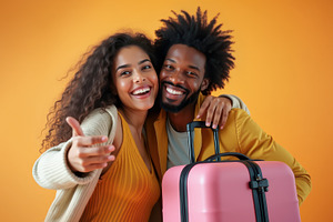 Happy couple with luggage ready, a Person Photo by angellodeco