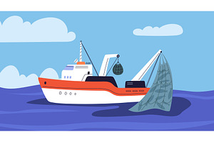 Fishing ship catches fish in ocean, a Transportation Illustration by Vectorbuum
