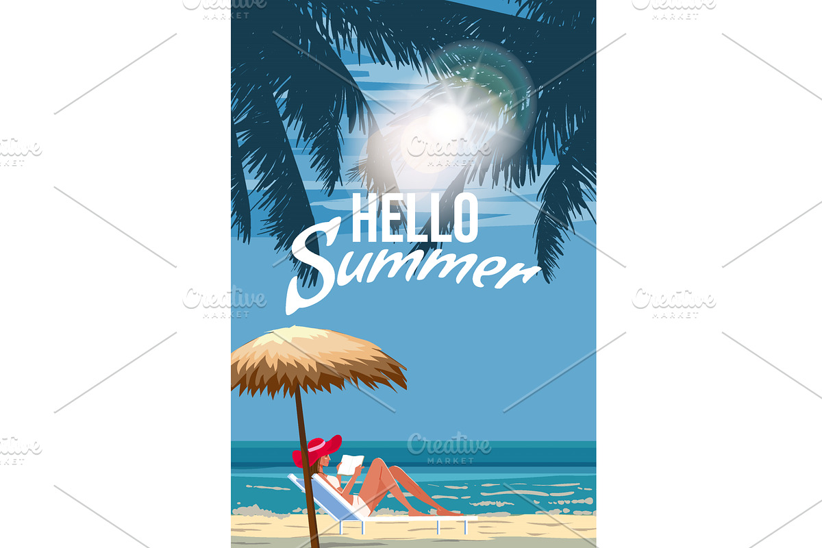 Hello Summer poster. Woman in chaise, a Seasonal Illustration by Vector_Up (Photo 1 of 4)