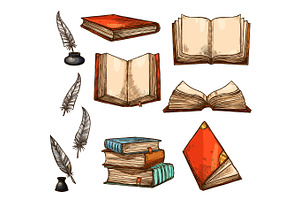 Vector icons of old books and manuscripts sketch, an Object Graphic by Vector Tradition