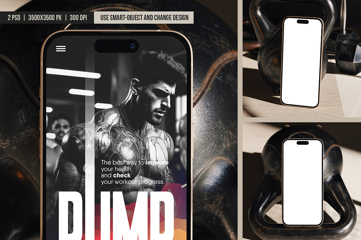 Smartphone with Dumbbells Mockup, an iPhone Mockup by SD Mockup (Photo 3 of 3)