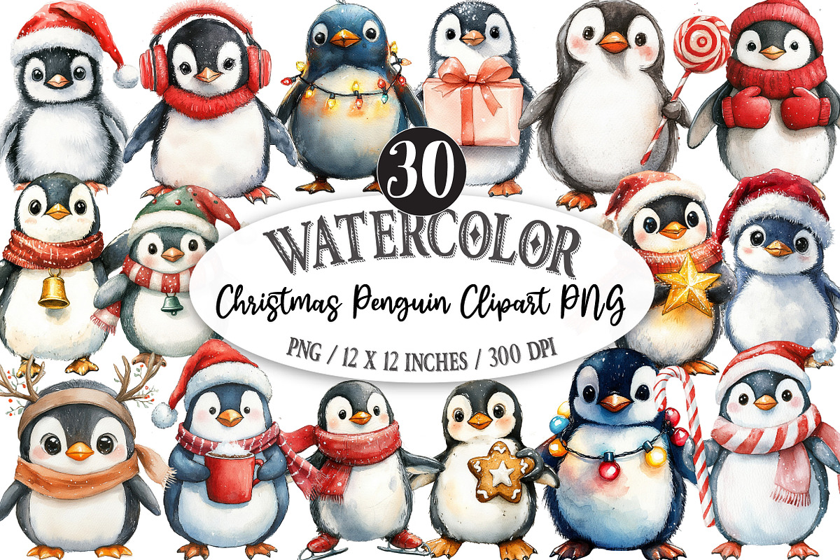 Watercolor Christmas Penguin, an Illustration by Designking (Photo 1 of 5)