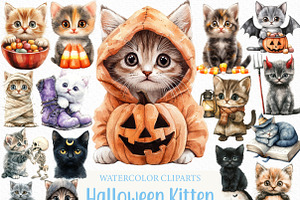 Watercolor Halloween Kitten Clipart, an Illustration by Craft Nest