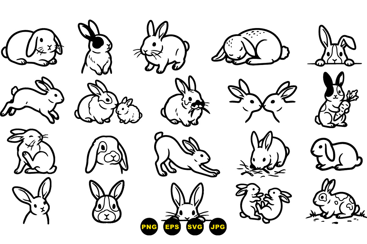 Cute Bunny Outline Clipart Set, an Illustration by designvectx (Photo 3 of 3)