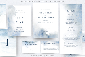 Watercolor Dusty Blue Wedding Suite, an Invitation Template by Kolorata Art