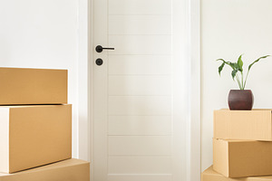 Stack cardboard boxes in living room containing shipping, boxes, and box