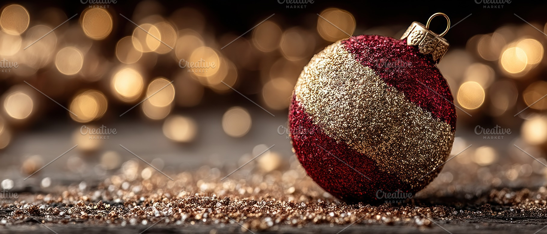 Red and gold glitter Christmas ornament ball on festive surface, a Holiday Photo by José Manuel Gelpi