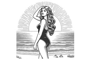 woman in swimsuit at beach vector, a Person Illustration by AlexArt