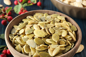 Concept of Autumn vibe food, Pumpkin, Pumpkin seeds