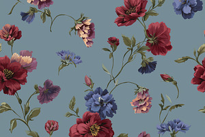 Seamless floral pattern featuring vintage style red, blue, and violet flowers w, a Photo by Studio ANNA