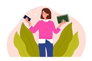 Woman Choosing Between Book And, an Education Illustration by Flashvector
