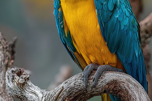 Blue and Gold Macaw perched on a bra, a Photo by Pixeness Studio