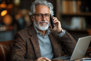 Senior man engaged in a phone conver, a Photo by Tanuart