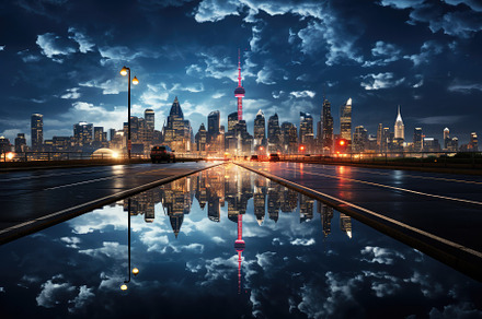Dynamic cityscape at night neon ligh, a Photo by SaroStock