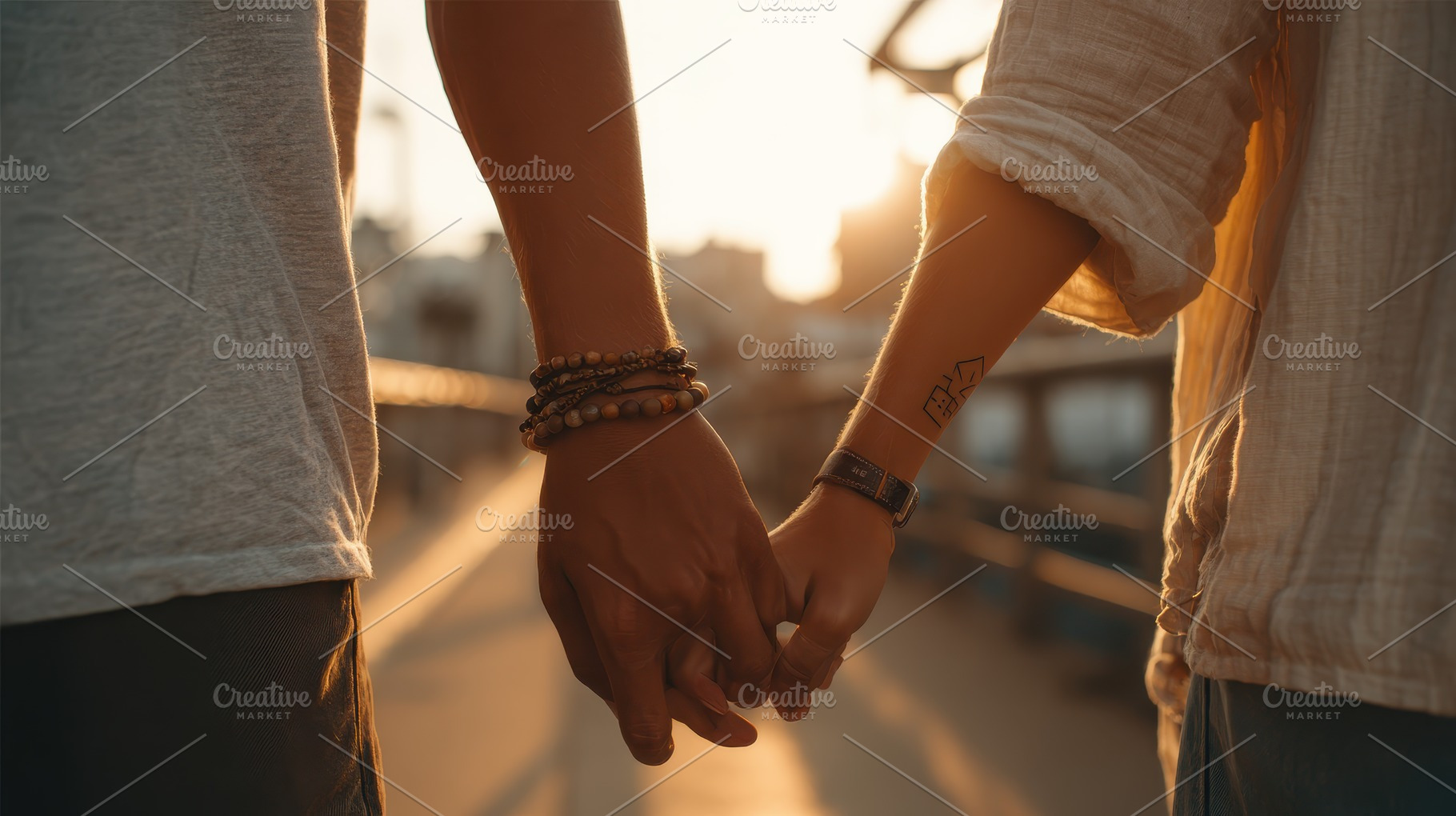 Couple holding hands sunset romance, a Photo by Pixeness Studio
