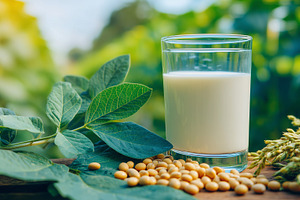 Glass of fresh soy milk surrounded, a Food & Drink Photo by MistyDay
