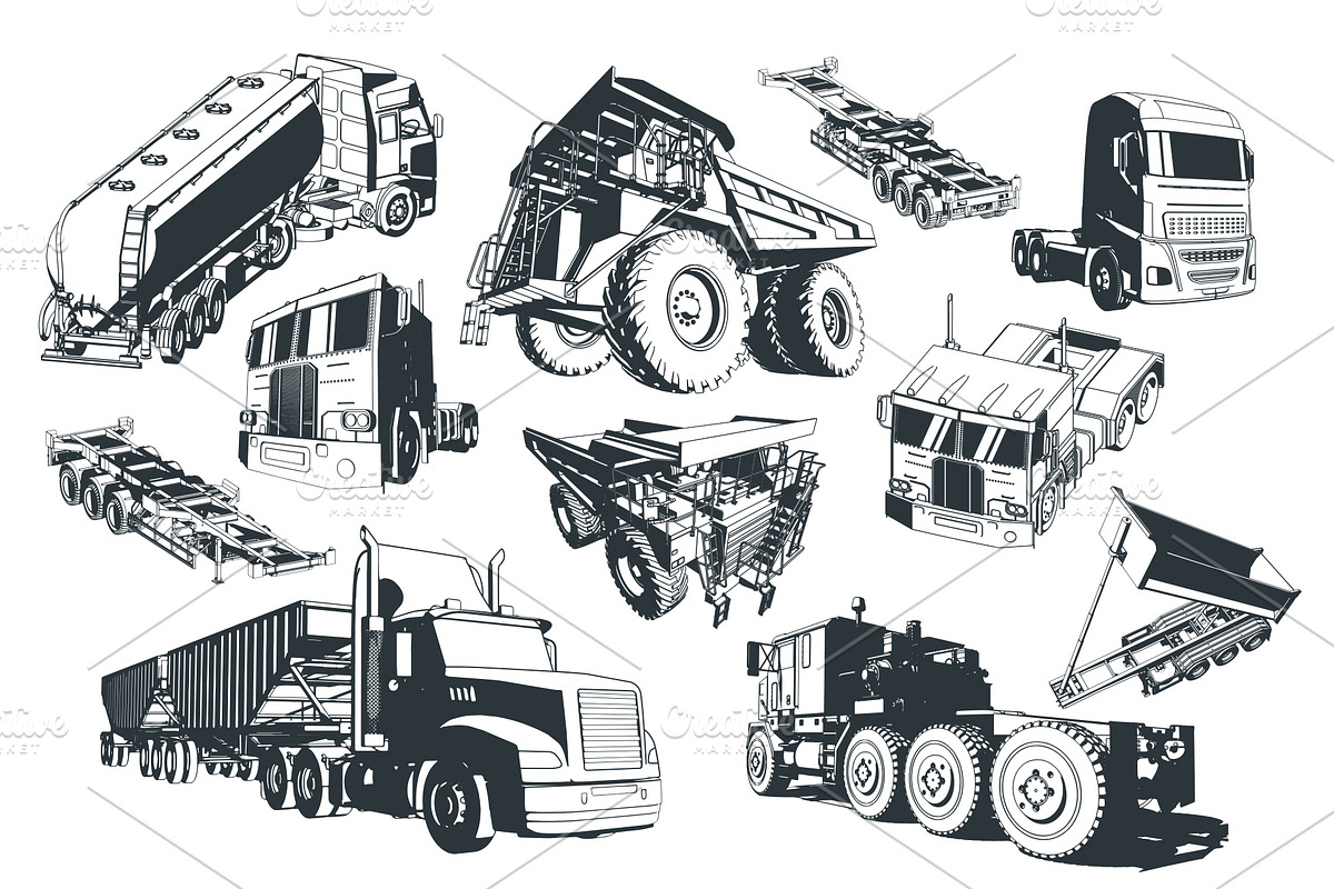 Large Trucks and Trailers Set, a Transportation Illustration by Blacklight (Photo 2 of 6)