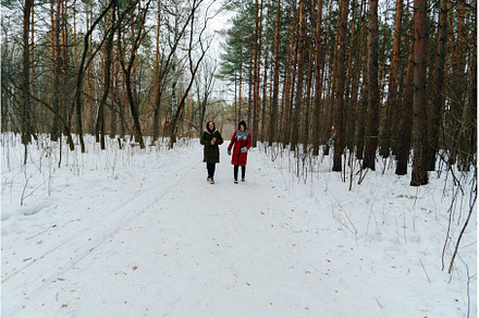 In a tranquil winter setting, two