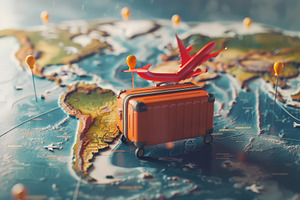 Suitcase and planes are flying in mi, a Transportation Photo by Pixeness Studio