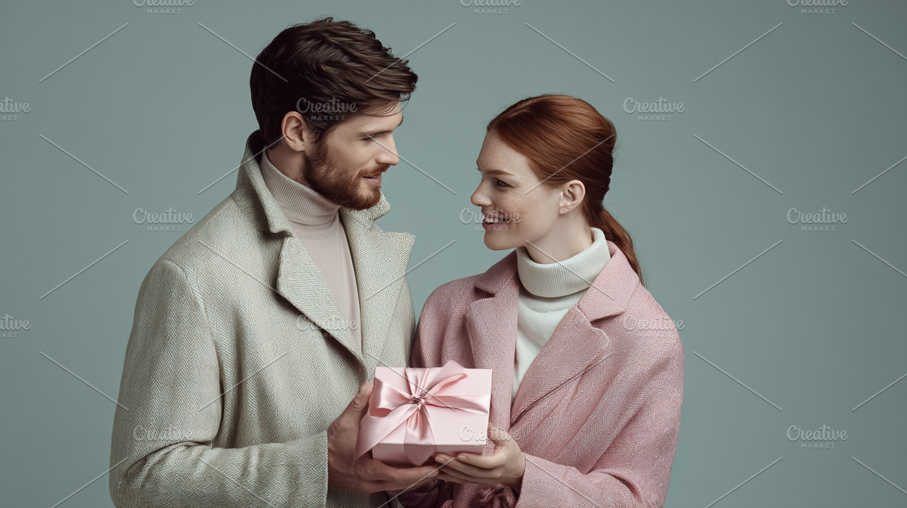 Young couple exchanging a Valentine's Day present, celebrating l, a Photo by Studio ANNA