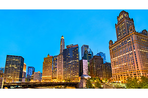 Historic buildings in downtown featuring chicago, skyscraper, and city, an Architecture Photo by Leonid Andronov