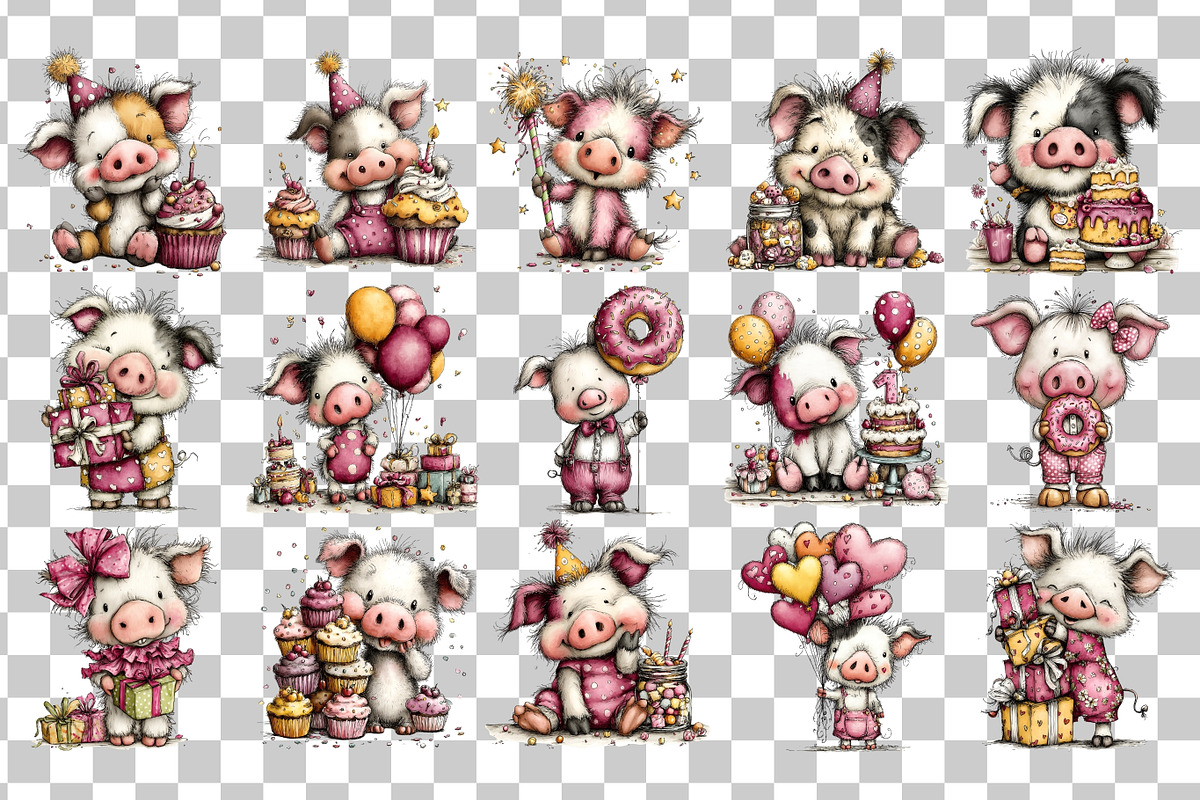 Birthday Pig PNG Clipart Bundle, an Animal Illustration by Nicolle's Colorful Art (Photo 3 of 4)