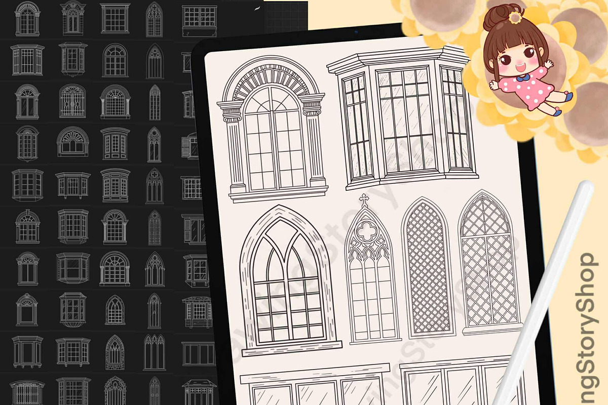150 Window Procreate stamps brushes, a Brush Add-On by DrawingStoryShop (Photo 1 of 6)