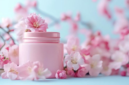 Soft pink cosmetic jar surrounded by, a Photo by Tanuart