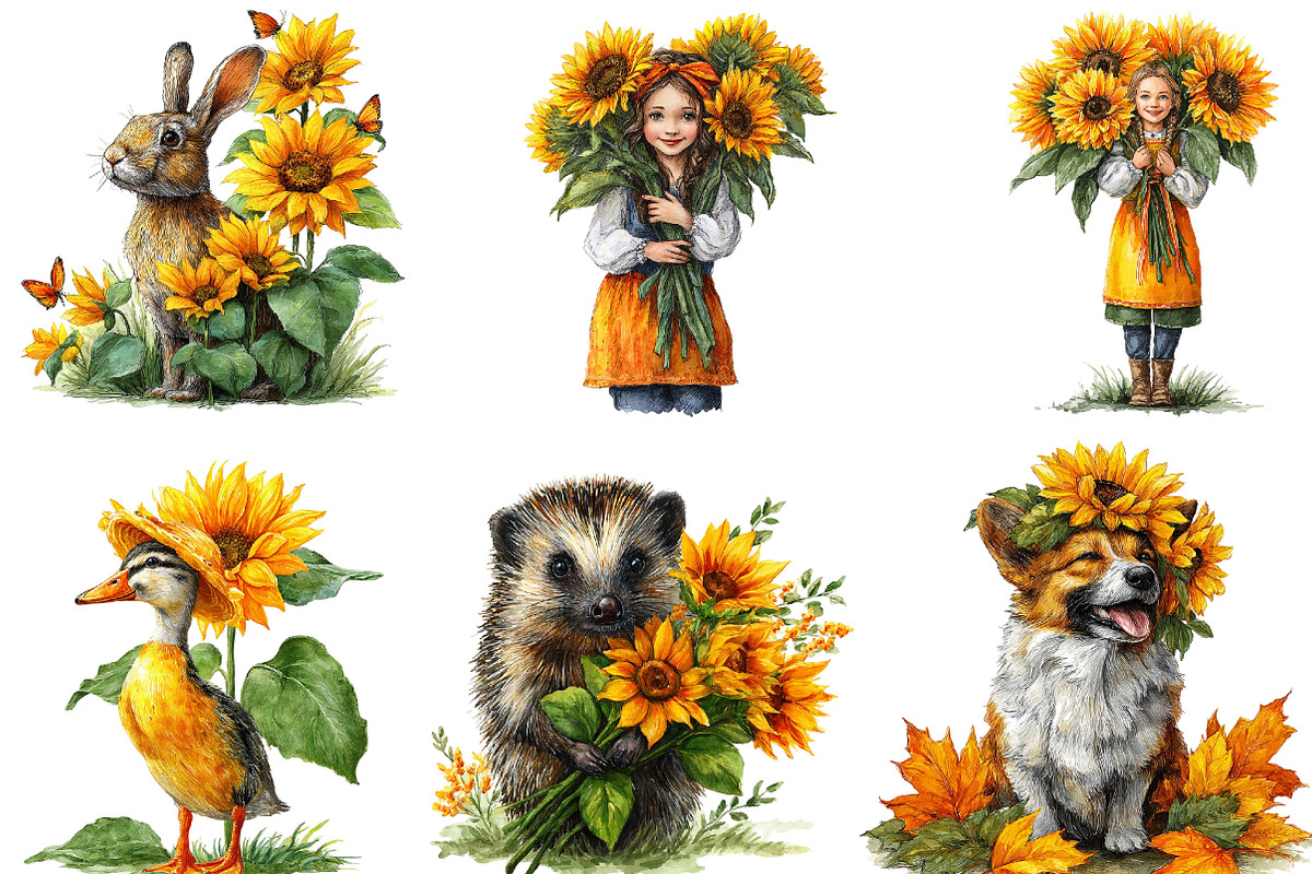 Cute Sunflower Whimsical Clipart, a Seasonal Illustration by Designking (Photo 3 of 5)