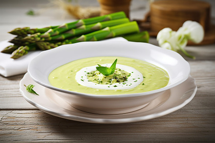 Asparagus cream soup in plate, a Food & Drink Photo by AlyaAnd