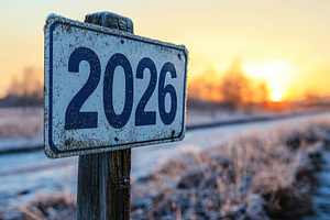 Weathered metal sign with 2026 marking beside snowy rural road a, an Abstract Photo by José Manuel Gelpi
